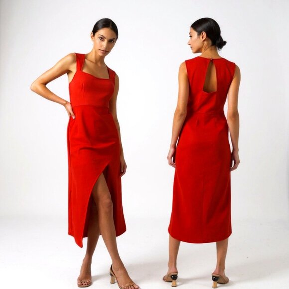 Maeve Anthropologie Womens Square Neck Fire Red Sleeveless‎ Midi Dress Size 8 - Picture 2 of 10